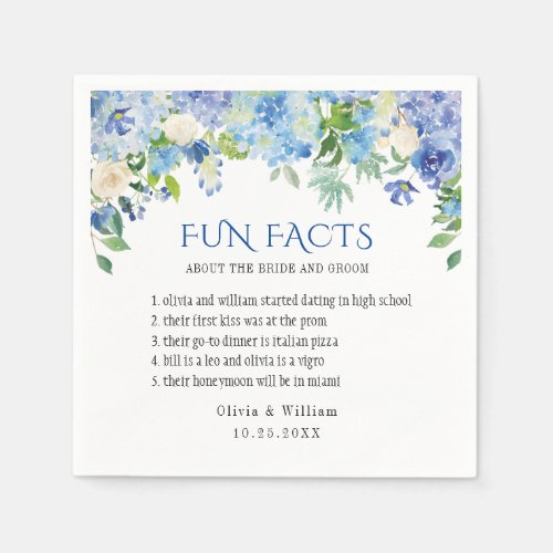 Elegant Blue Hydrangea Fun Facts Wedding Napkins