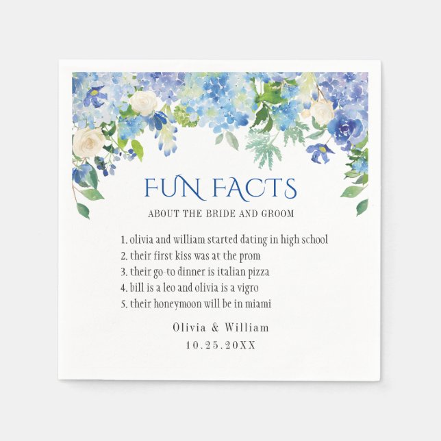 Elegant Blue Hydrangea Fun Facts Wedding Napkins (Front)
