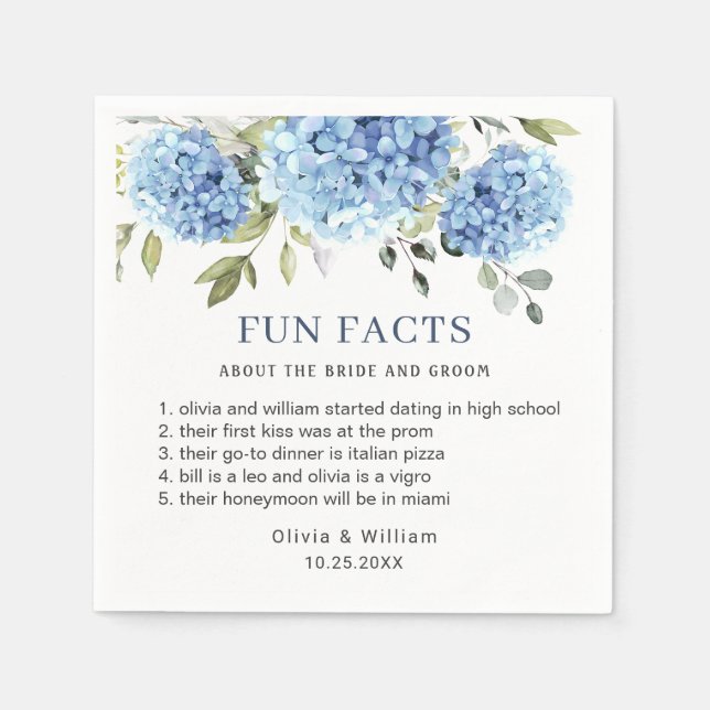 Elegant Blue Hydrangea Fun Facts Wedding Napkins (Front)