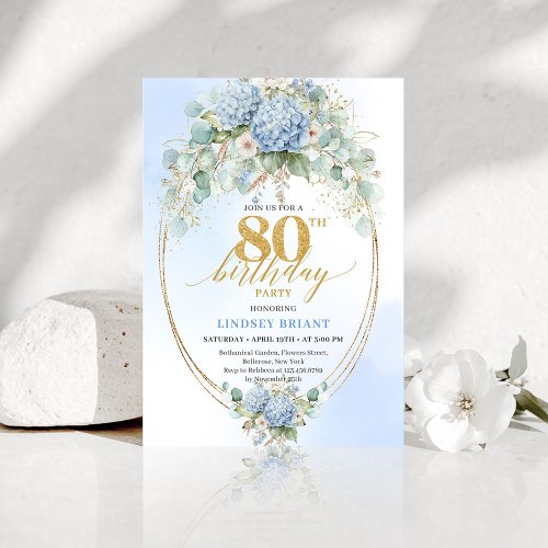 Elegant Blue Hydrangea Gold 80th Birthday Invite