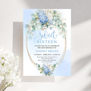 Elegant Blue Hydrangea Gold Sweet Sixteen Invite
