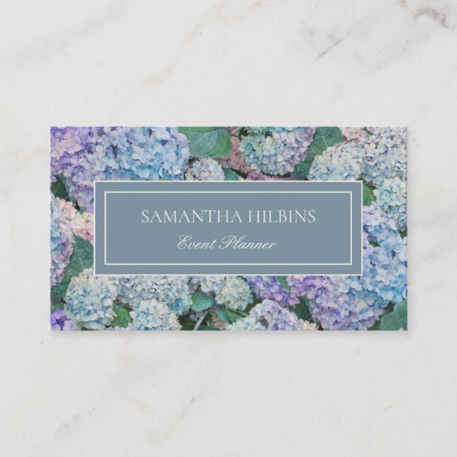 Elegant Blue Hydrangea Gray Professional Business Card (Front)