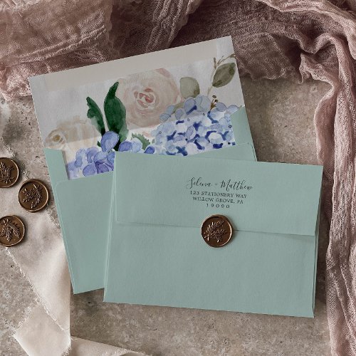 Elegant Blue Hydrangea  Green Wedding Invitation Envelope