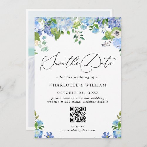 Elegant Blue Hydrangea Greenery Photo Wedding QR Save The Date