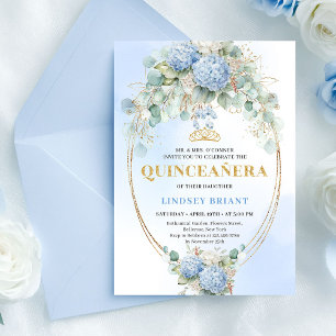 Elegant Blue Hydrangea Greenery Quince Invite