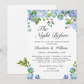Elegant Blue Hydrangea Greenery Rehearsal Dinner Invitation