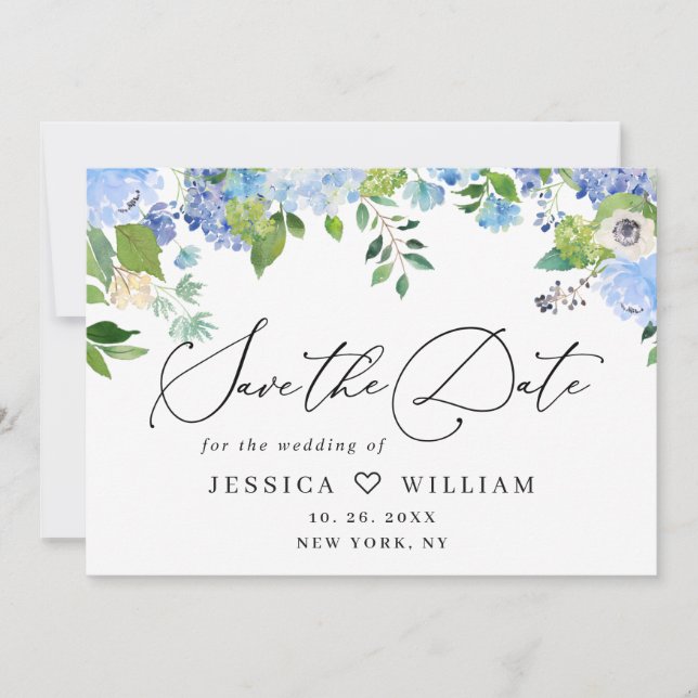 Elegant Blue Hydrangea Greenery Wedding PHOTO Save The Date (Front)