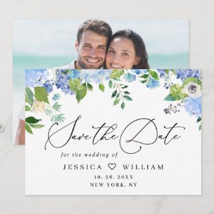 Elegant Blue Hydrangea Greenery Wedding PHOTO Save The Date