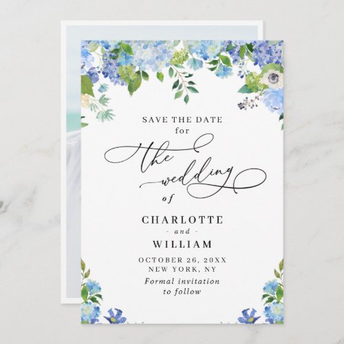 Elegant Blue Hydrangea Greenery Wedding Photo Save The Date