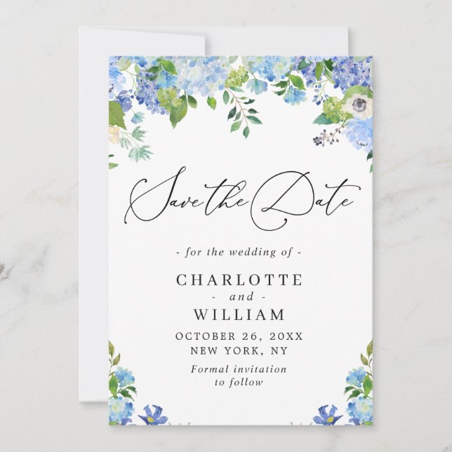 Elegant Blue Hydrangea Greenery Wedding Save The Date (Front)