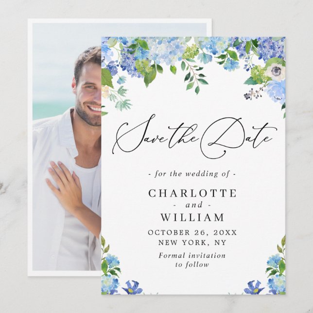 Elegant Blue Hydrangea Greenery Wedding Save The Date (Front/Back)