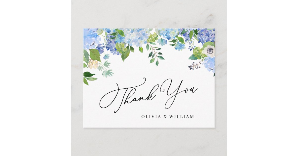 Elegant Blue Hydrangea Greenery Wedding Thank You Postcard | Zazzle
