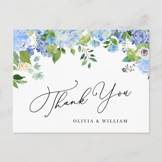 Elegant Blue Hydrangea Greenery Wedding Thank You Postcard | Zazzle