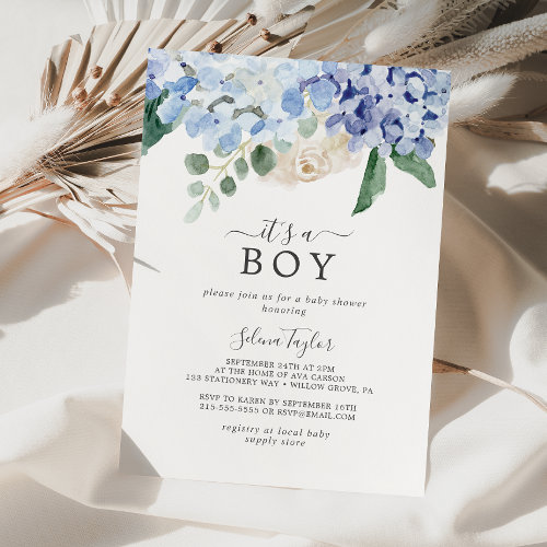 Elegant Blue Hydrangea Its A Boy Baby Shower Invitation