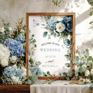 Elegant Blue Hydrangea Ivory Rose Floral Wedding Poster