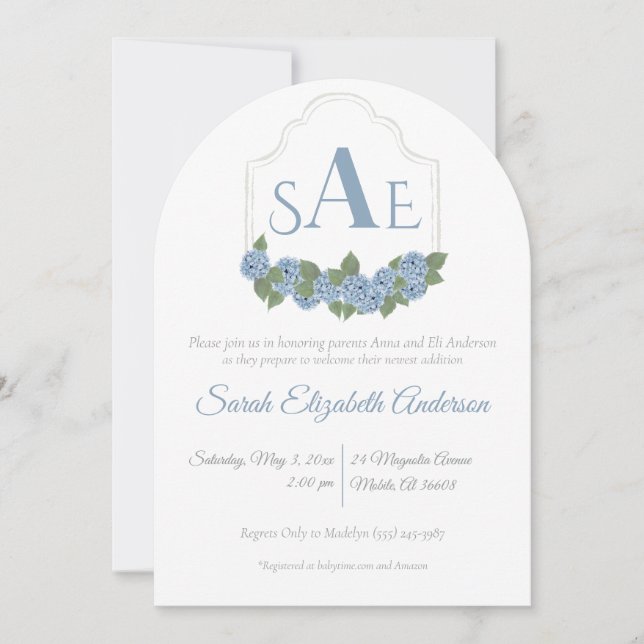 Elegant Blue Hydrangea Monogram Crest Baby Shower  Invitation (Front)