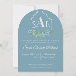 Elegant Blue Hydrangea Monogram Crest Baby Shower Invitation