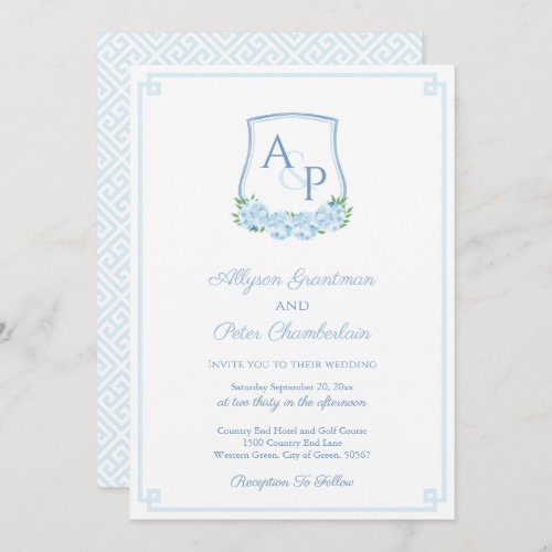Elegant Blue Hydrangea Monogram Crest Wedding Invitation