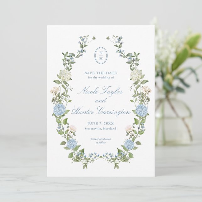 Elegant Blue Hydrangea Monogram Save the Date Invitation (Standing Front)