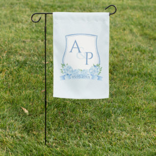 Elegant Blue Hydrangea Monogram Wedding Crest Garden Flag