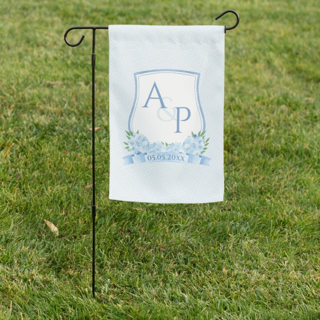Elegant Blue Hydrangea Monogram Wedding Crest Garden Flag (In SItu)