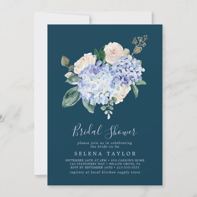Elegant Blue Hydrangea | Navy Bridal Shower Invitation (Front)