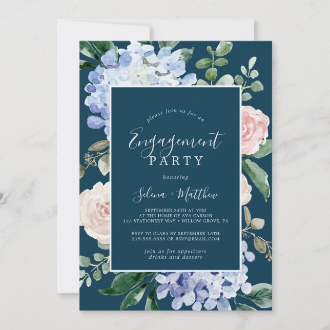 Elegant Blue Hydrangea | Navy Engagement Party Invitation (Front)