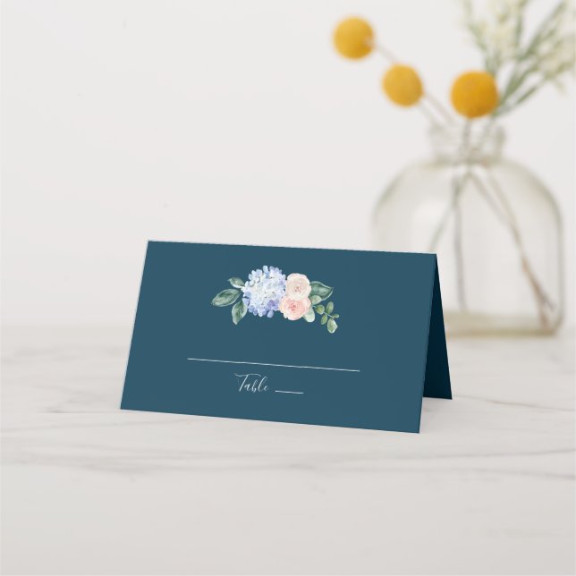 Elegant Blue Hydrangea | Navy Folded Wedding Place Card (Front)