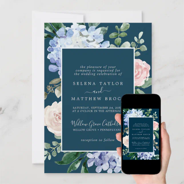 Elegant Blue Hydrangea | Navy Formal Wedding Invitation | Zazzle