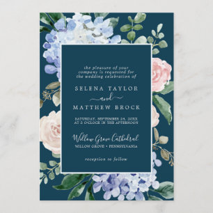 Elegant Blue Hydrangea   Navy Formal Wedding Invitation