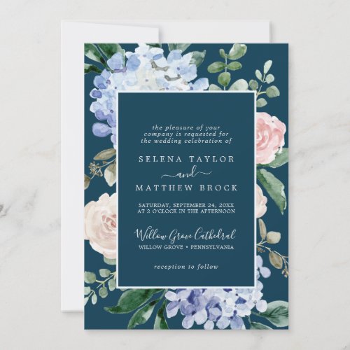 Elegant Blue Hydrangea  Navy Formal Wedding Invitation