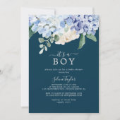 Elegant Blue Hydrangea Navy It's A Boy Baby Shower Invitation (Front)