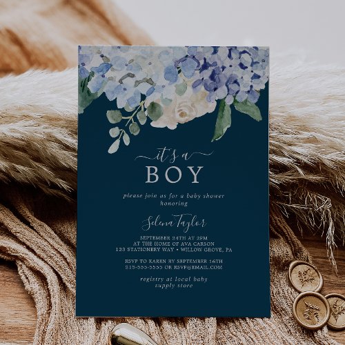Elegant Blue Hydrangea Navy Its A Boy Baby Shower Invitation
