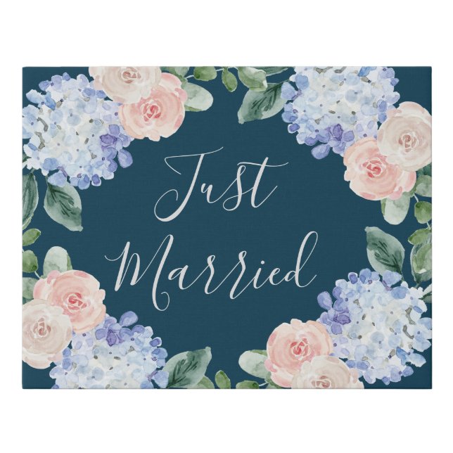 Elegant Blue Hydrangea | Navy Just Married Faux Canvas Print (Front)
