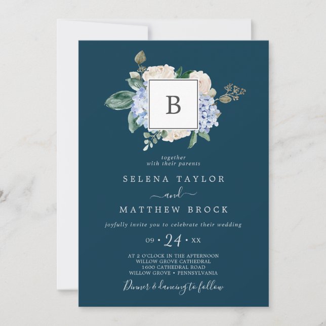 Elegant Blue Hydrangea | Navy Monogram Wedding Invitation (Front)