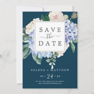 Elegant Blue Hydrangea Navy Save the Date Card