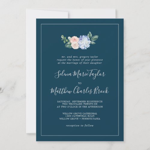 Elegant Blue Hydrangea  Navy Traditional Wedding Invitation