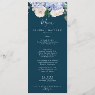 Elegant Blue Hydrangea Navy Wedding Dinner Menu