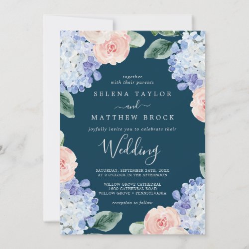 Elegant Blue Hydrangea  Navy Wedding Invitation