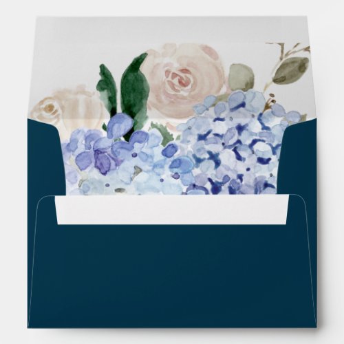 Elegant Blue Hydrangea  Navy Wedding Invitation Envelope