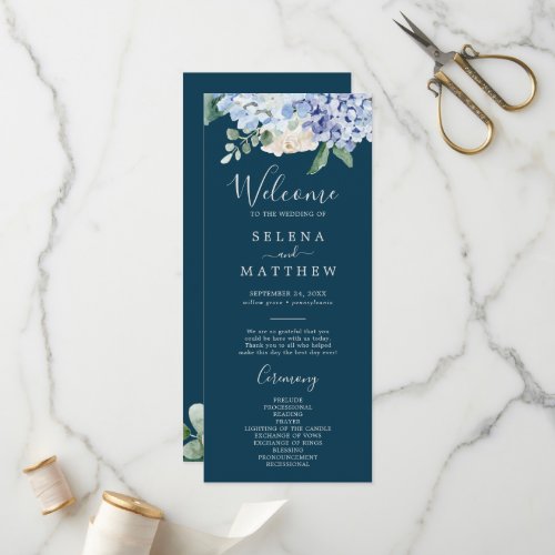 Elegant Blue Hydrangea  Navy Wedding Program