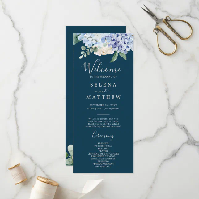 Elegant Blue Hydrangea | Navy Wedding Program | Zazzle