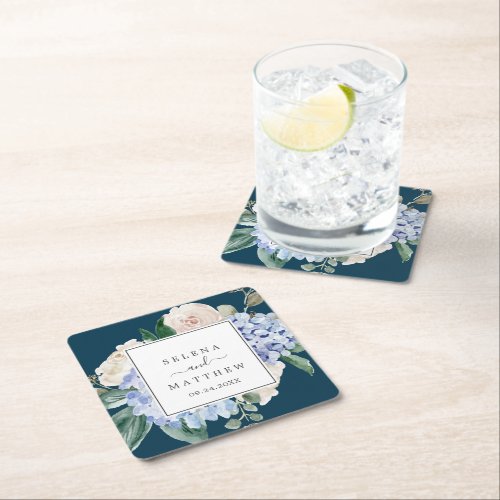 Elegant Blue Hydrangea Navy Wedding Square Paper Coaster