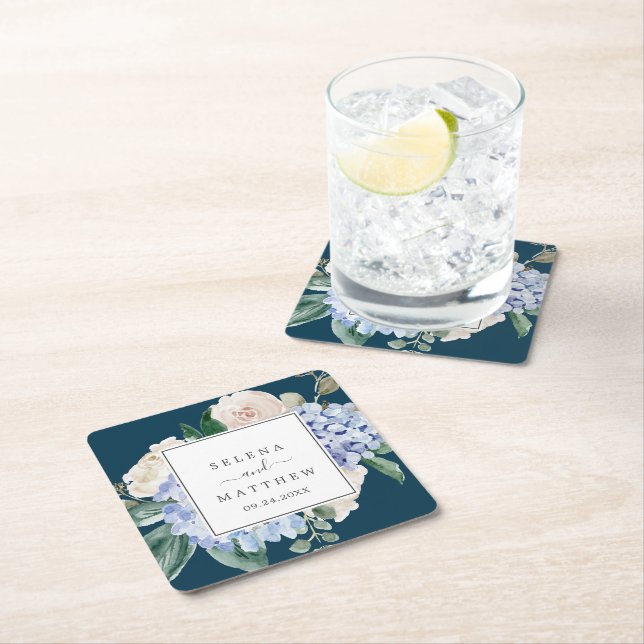 Elegant Blue Hydrangea Navy Wedding Square Paper Coaster (Insitu)