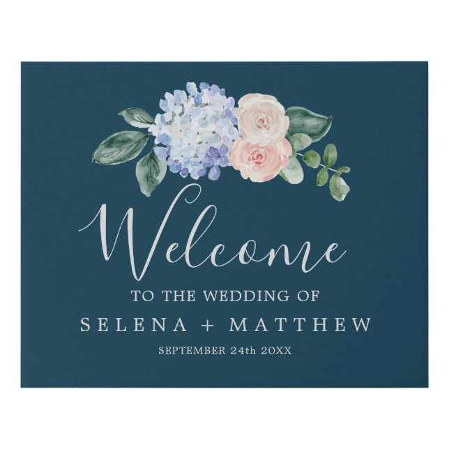 Elegant Blue Hydrangea | Navy Wedding Welcome Faux Canvas Print (Front)