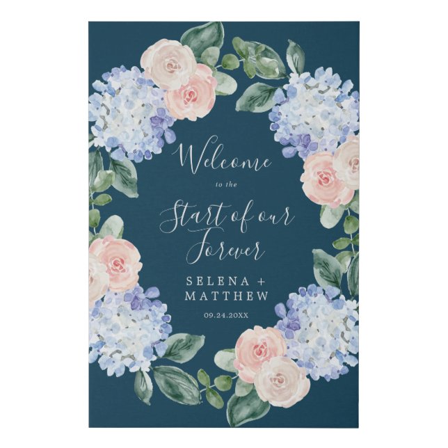 Elegant Blue Hydrangea | Navy Welcome Forever Faux Canvas Print (Front)