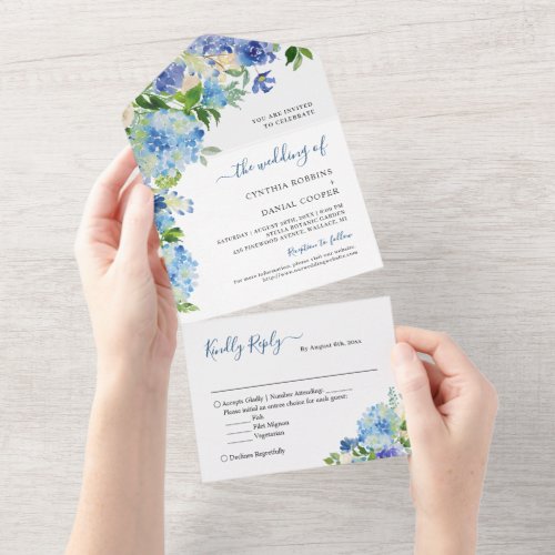 Elegant Blue Hydrangea Pastel Floral Wedding All In One Invitation