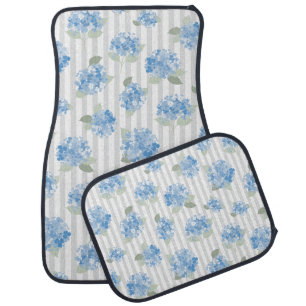 Elegant Blue Hydrangea Pattern Gray Stripe  Car Floor Mat