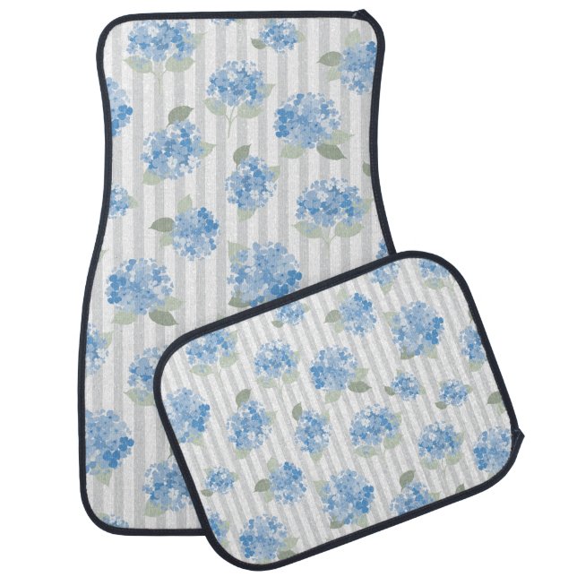 Elegant Blue Hydrangea Pattern Gray Stripe  Car Floor Mat (Set)