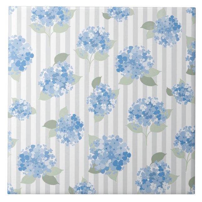 Elegant Blue Hydrangea Pattern Gray Stripe  Ceramic Tile (Front)